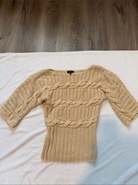 bebe Tan Cable-Knit Short Sleeve Sweater